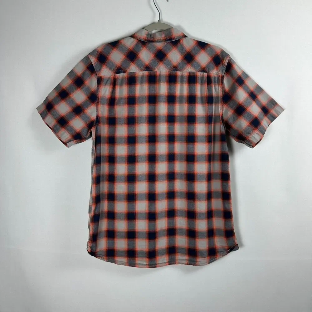 The North Face Plaid Camp Shirt Men's M Orange Blue Short Sleeve Hiking Outdoor